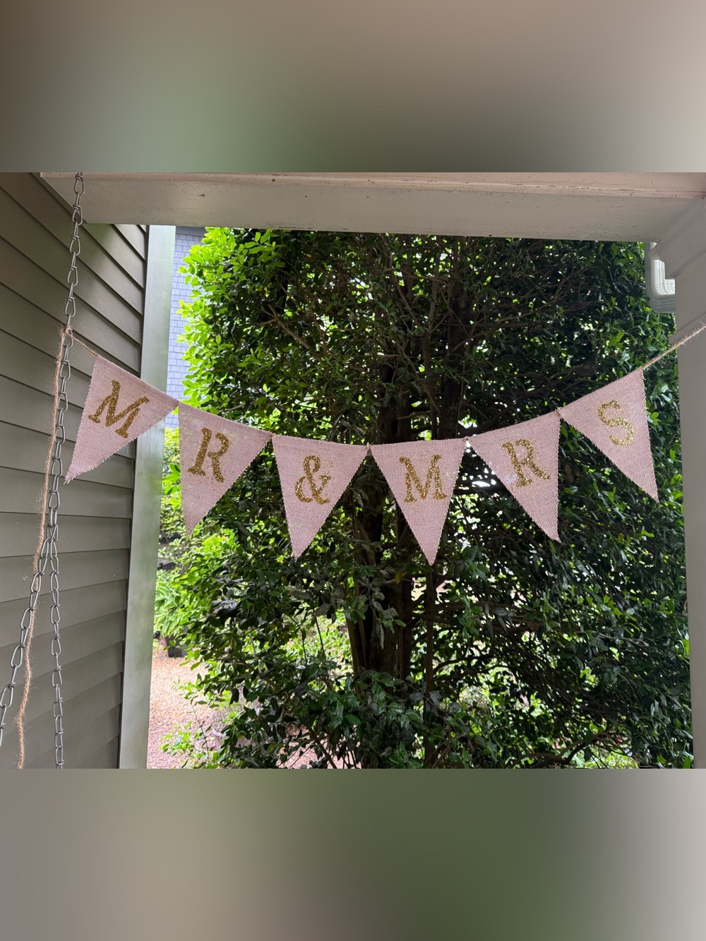 Mr & Mr Pink Burlap Banner with Gold Letters - Wedding Party Decoration